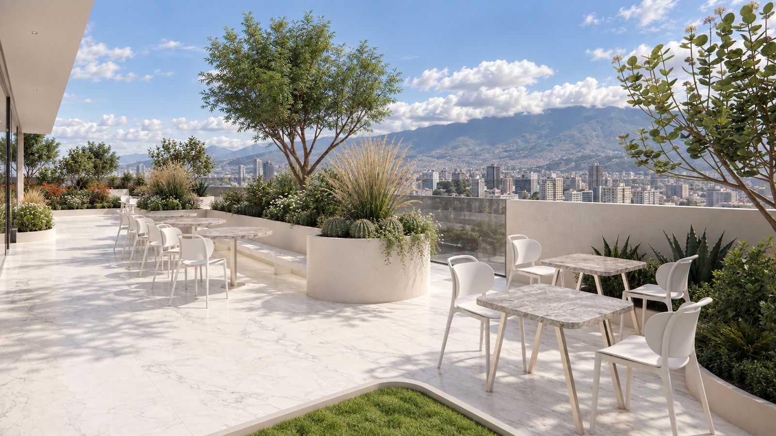 Terraza de la cafetería con mesas al aire libre