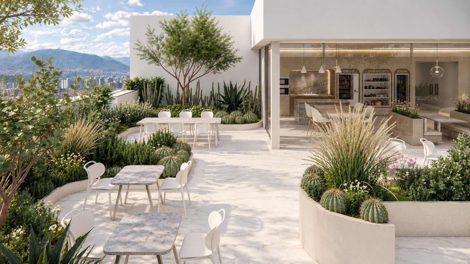 Terraza de la cafetería con jardines y vista a Quito
