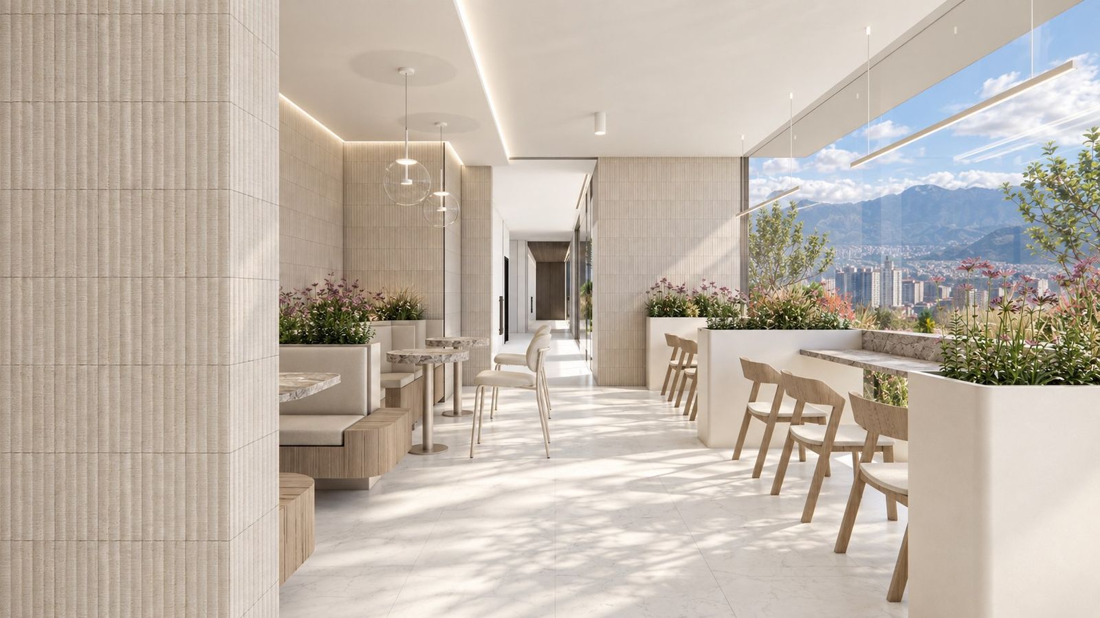 Cafetería con jardineras y vista a las montañas de Quito