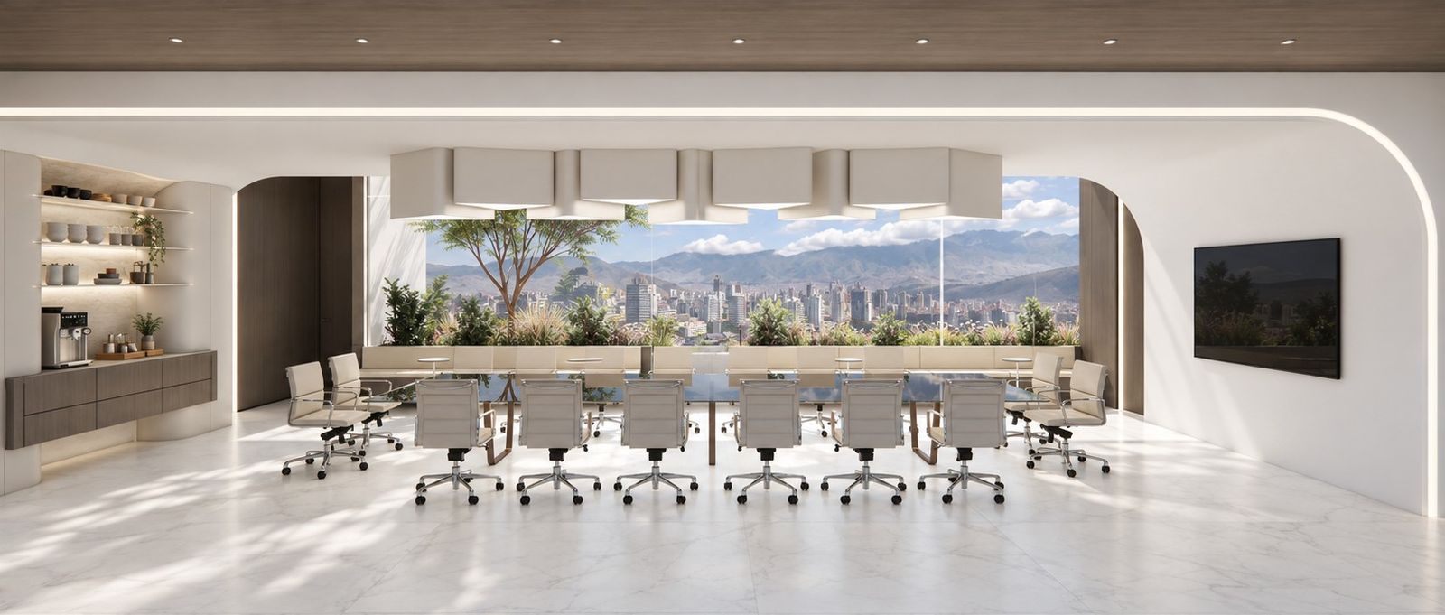 Sala de directorio con vista panorámica a la ciudad