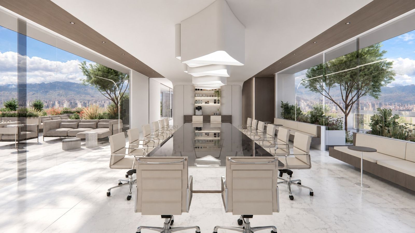 Sala de directorio con mesa de reuniones y terraza