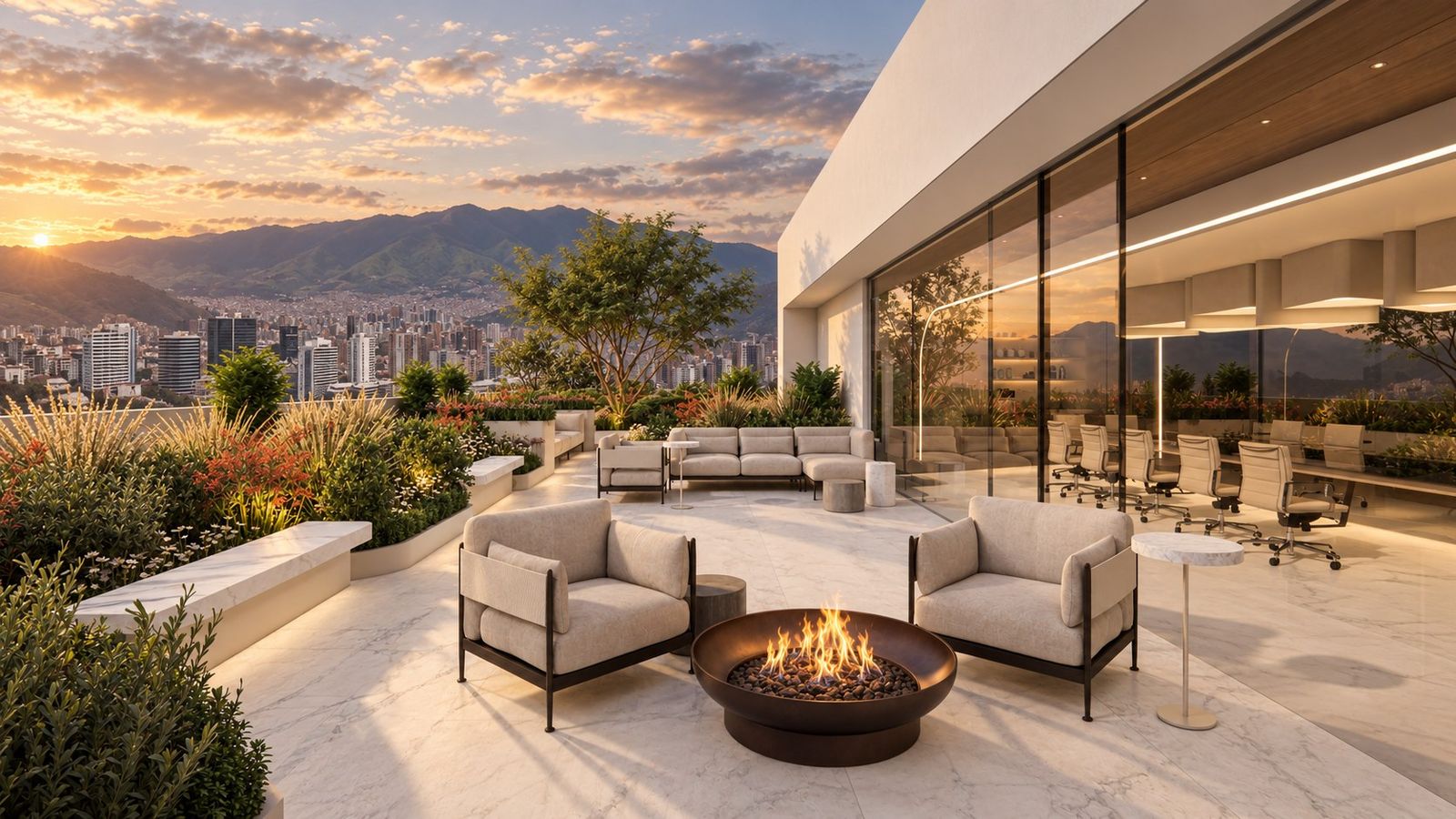 Terraza con jardines y vista a las montañas de Quito