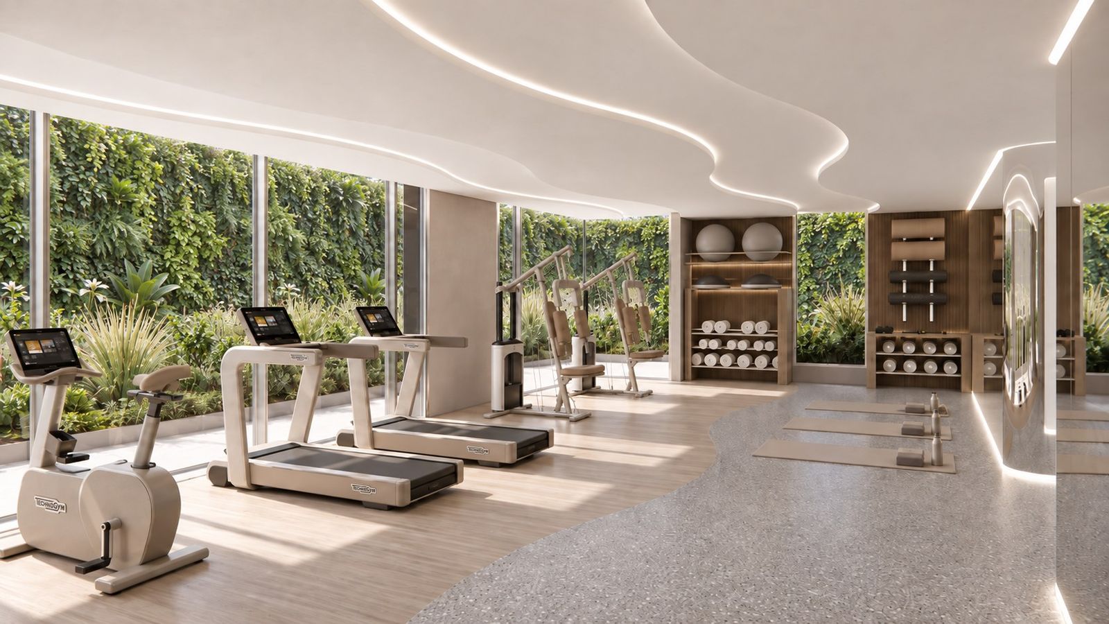 Gimnasio con caminadoras y bicicletas
