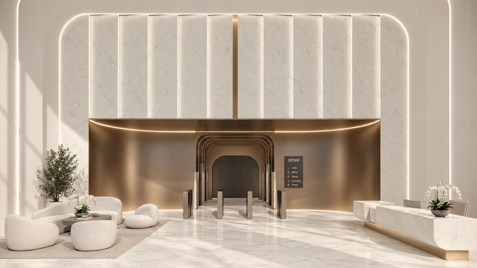 Lobby con recepción y sala de espera