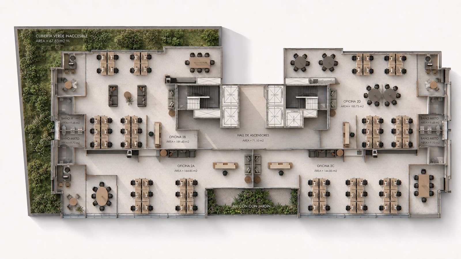 Planta tipo referencial dividida en cuatro oficinas